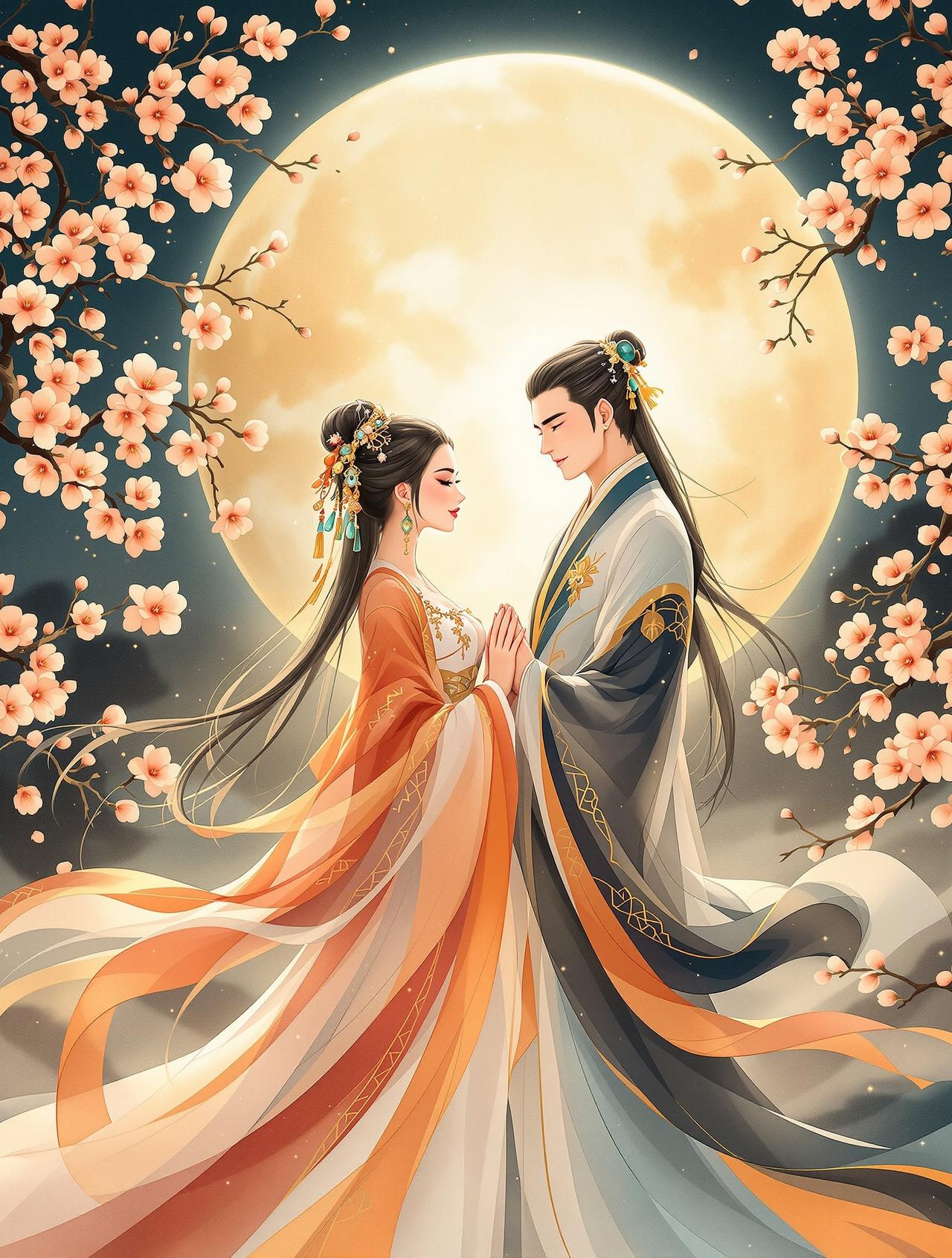 日漫画 - 月下海棠，海棠花开月正圆，只羡鸳鸯不羡仙